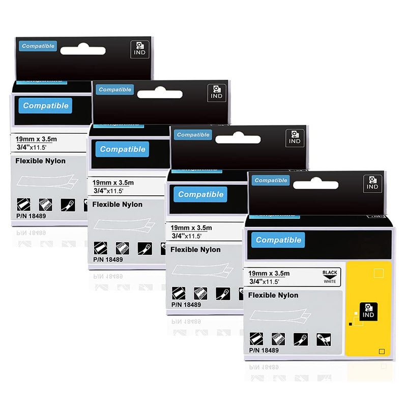 Aonomi 18489 Replace for DYMO Rhino 4200 Black on White 3/4'' x 11.5' 19mm Flexible Nylon Label Tapes Compatible with DYMO Rhino 5200, 4200, 5000, 6000 Industrial Label Maker Refills a18489,4 Pack - Image 1